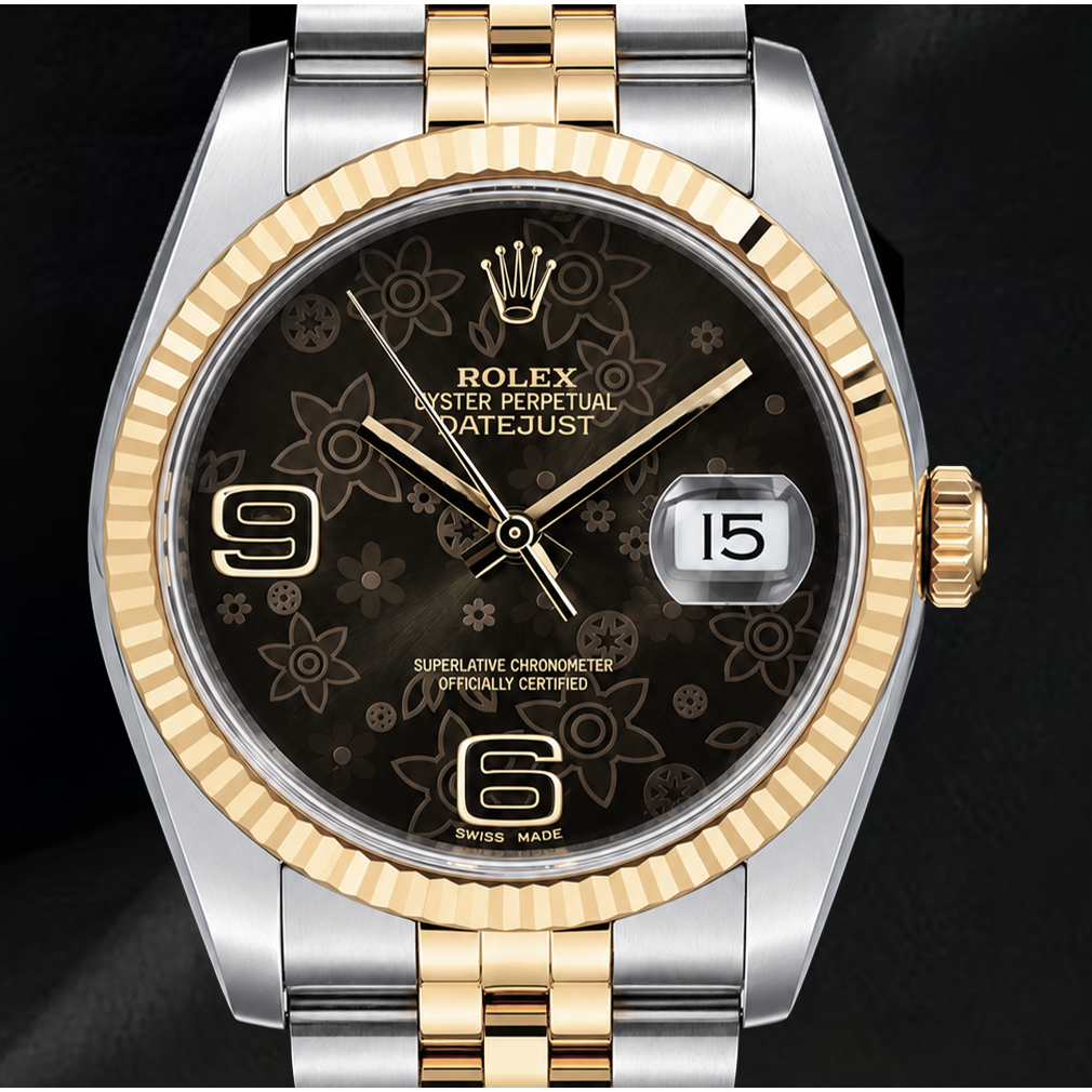 Montre Rolex 116233 Datejust 36 mm bicolore cadran floral marron à chiffres arabes