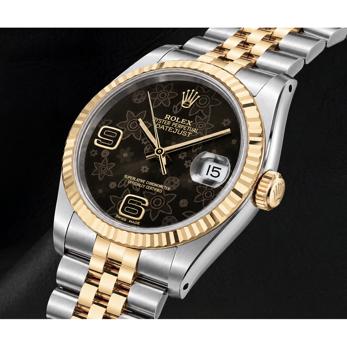 Montre Rolex 116233 Datejust 36 mm bicolore cadran floral marron à chiffres arabes