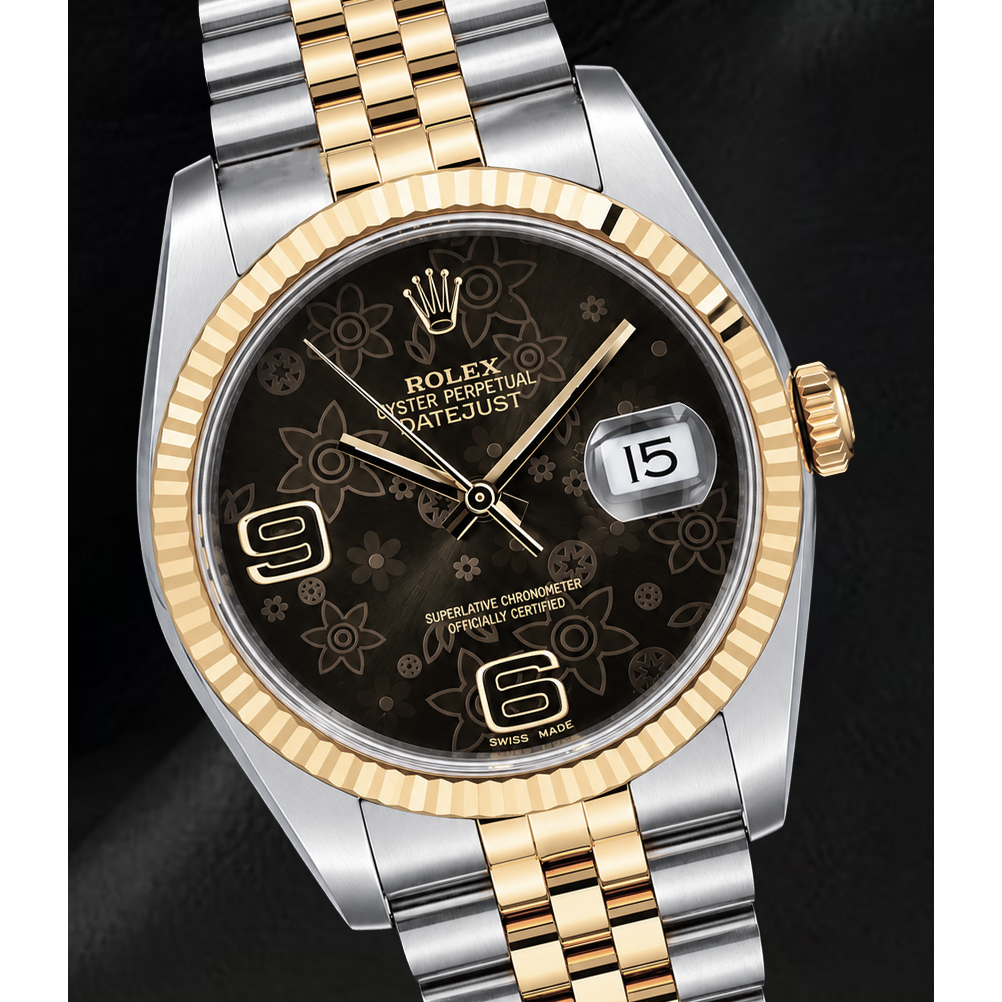 Montre Rolex 116233 Datejust 36 mm bicolore cadran floral marron à chiffres arabes