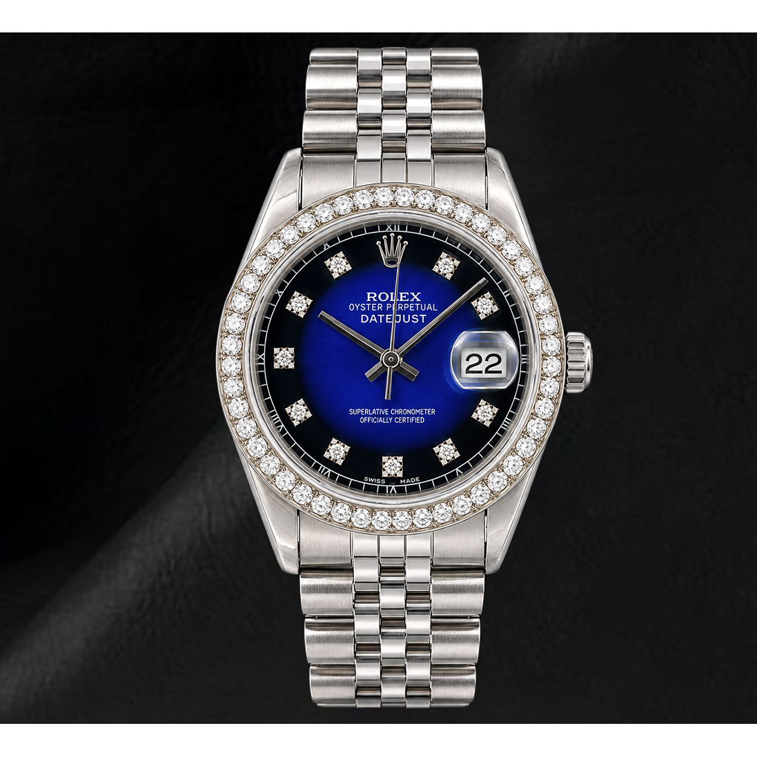 Montre Rolex 1601 Datejust 36 mm en Acier Inoxydable Cadran Diamants Bleu
