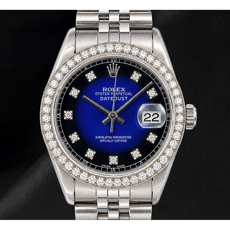 Montre Rolex 1601 Datejust 36 mm en Acier Inoxydable Cadran Diamants Bleu