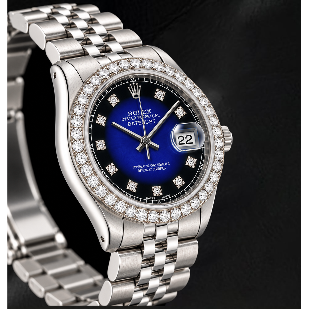 Montre Rolex 1601 Datejust 36 mm en Acier Inoxydable Cadran Diamants Bleu