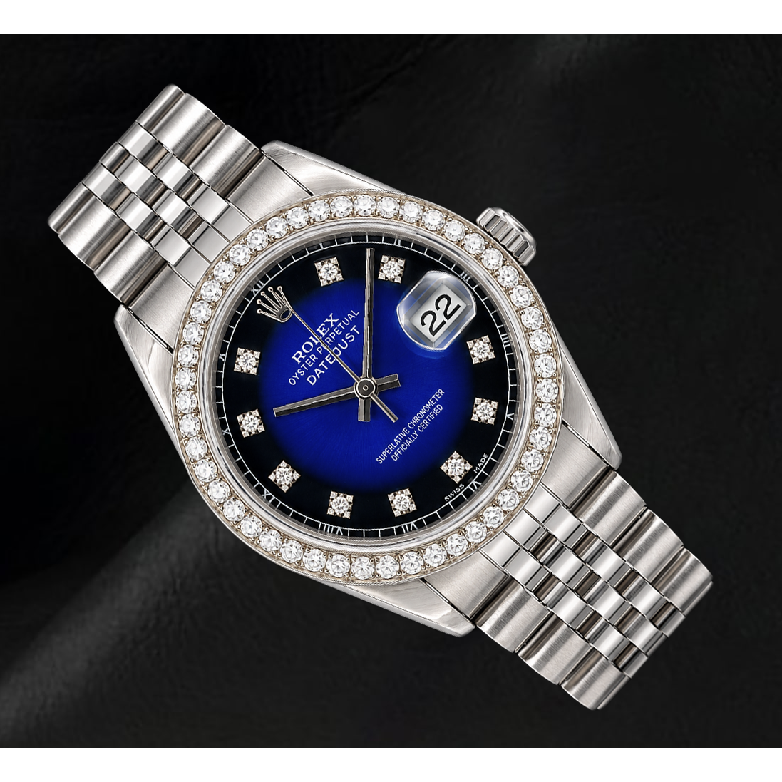 Montre Rolex 1601 Datejust 36 mm en Acier Inoxydable Cadran Diamants Bleu