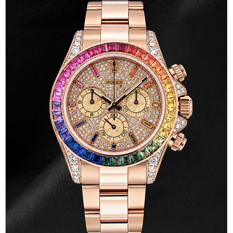Montre Rolex Cosmograph Daytona 40 mm 116505 en Or Rose, Cadran Pavé de Diamants et Index des Heures Arc-en-Ciel