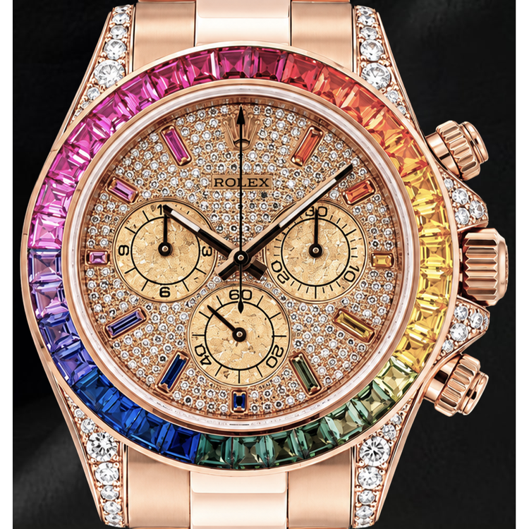 Montre Rolex Cosmograph Daytona 40 mm 116505 en Or Rose, Cadran Pavé de Diamants et Index des Heures Arc-en-Ciel