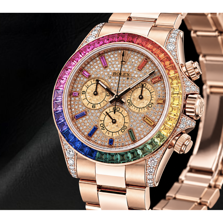 Montre Rolex Cosmograph Daytona 40 mm 116505 en Or Rose, Cadran Pavé de Diamants et Index des Heures Arc-en-Ciel