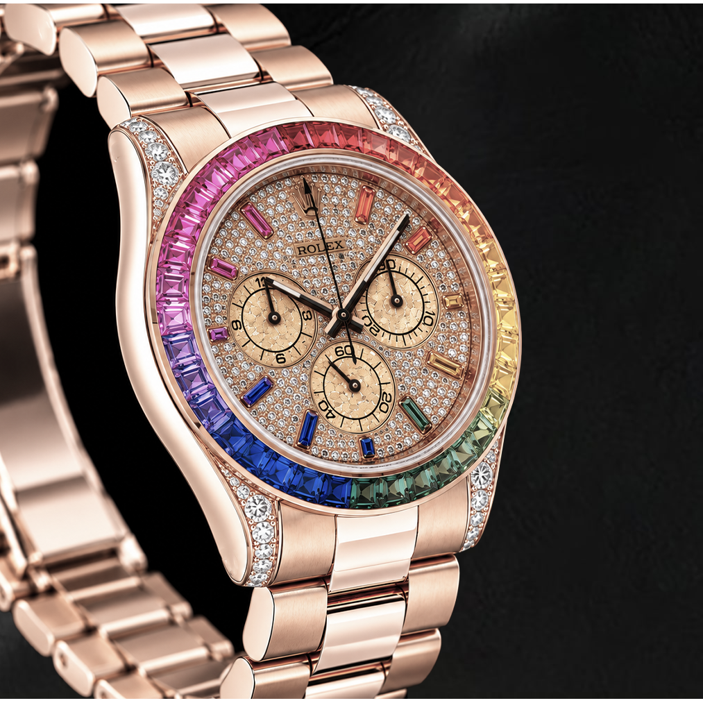 Montre Rolex Cosmograph Daytona 40 mm 116505 en Or Rose, Cadran Pavé de Diamants et Index des Heures Arc-en-Ciel
