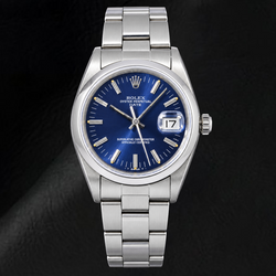 Montre Rolex Date 14203 34 mm Cadran Bleu à Index Bâtons en Acier Inoxydable
