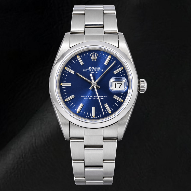Montre Rolex Date 14203 34 mm Cadran Bleu à Index Bâtons en Acier Inoxydable