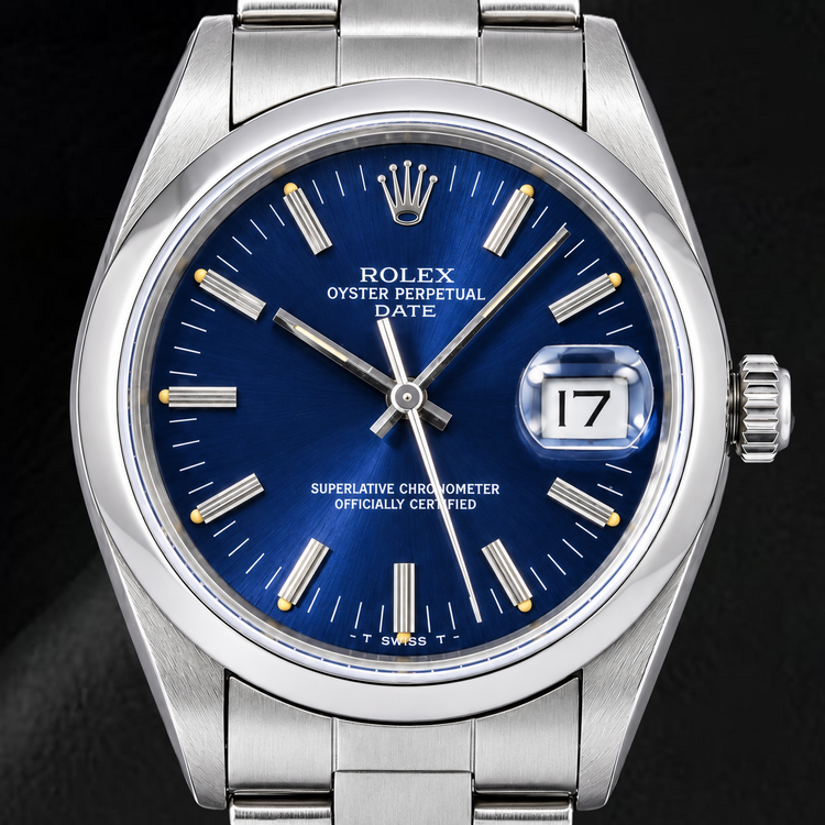 Montre Rolex Date 14203 34 mm Cadran Bleu à Index Bâtons en Acier Inoxydable