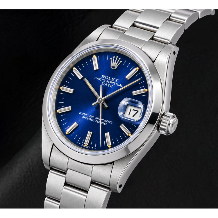 Montre Rolex Date 14203 34 mm Cadran Bleu à Index Bâtons en Acier Inoxydable