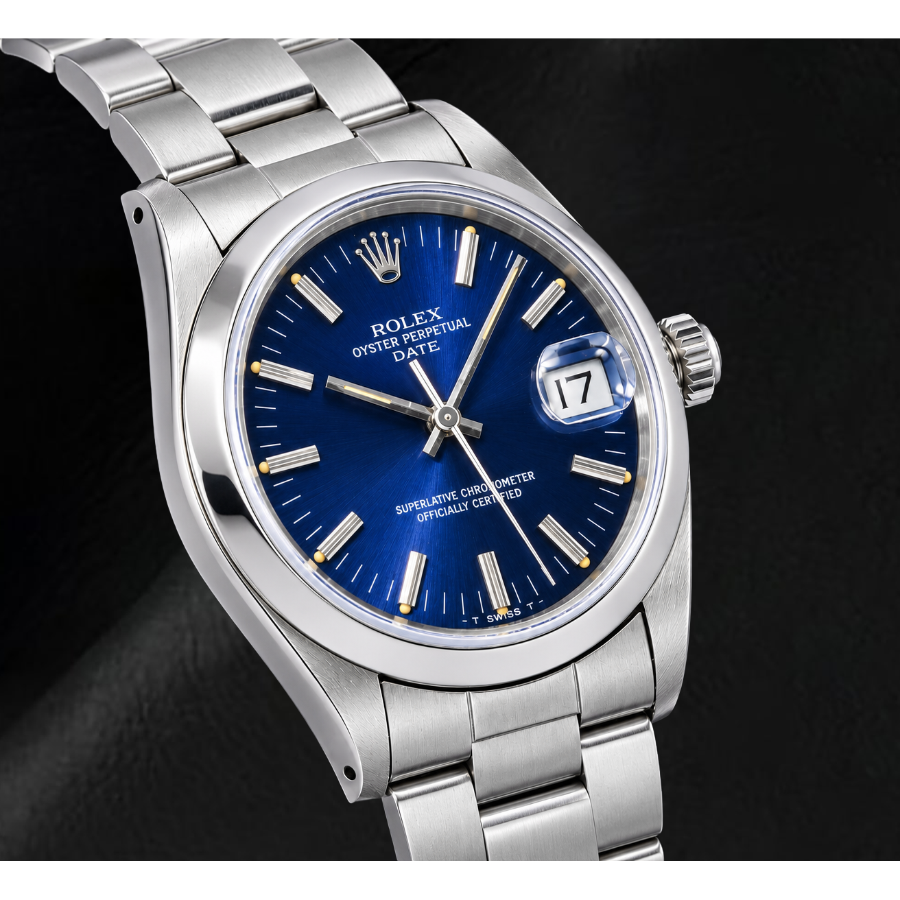 Montre Rolex Date 14203 34 mm Cadran Bleu à Index Bâtons en Acier Inoxydable