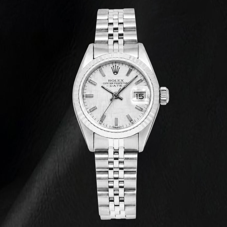 Montre Rolex Date 6916 26 mm Cadran Lin Argenté Bracelet Jubilé en Acier Inoxydable