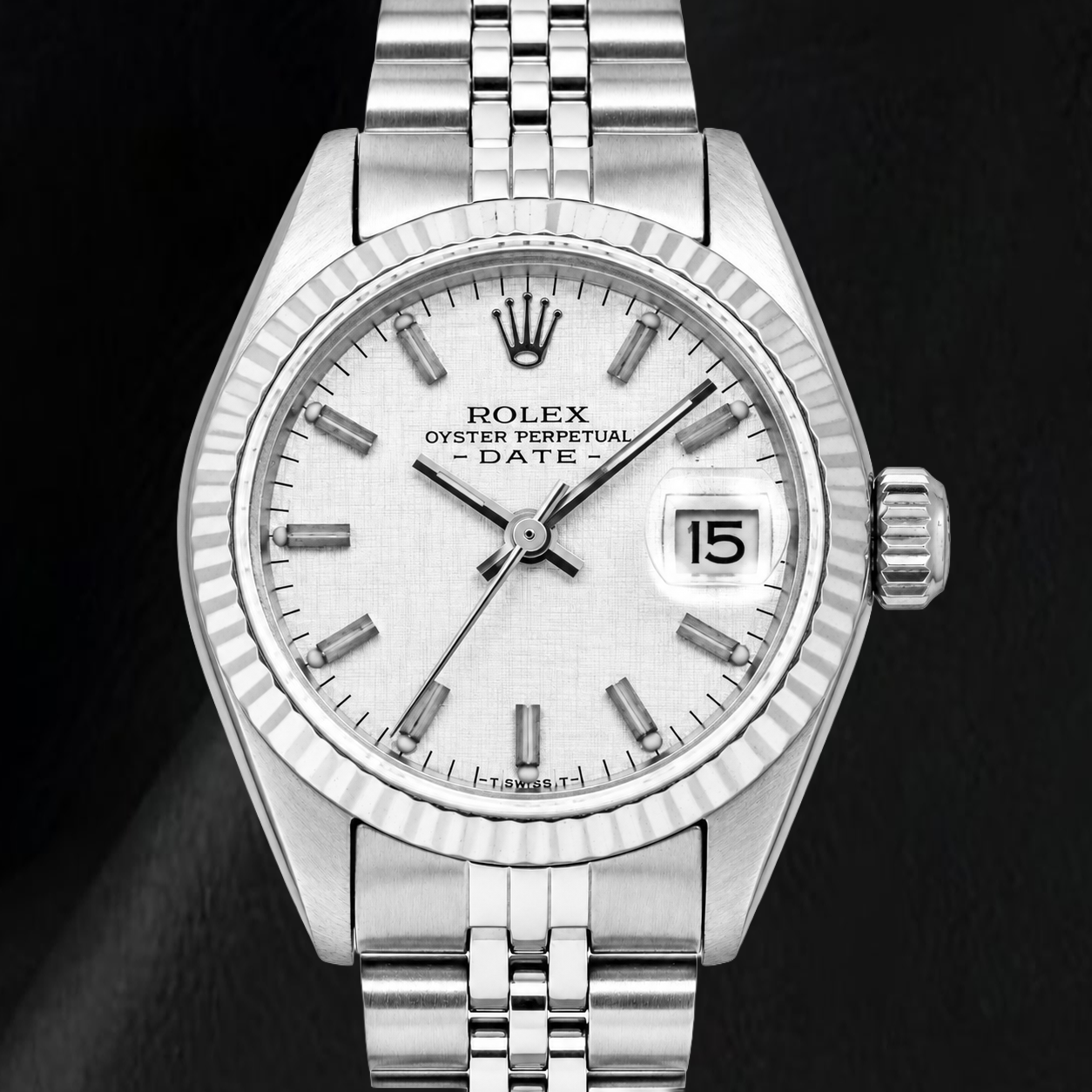 Montre Rolex Date 6916 26 mm Cadran Lin Argenté Bracelet Jubilé en Acier Inoxydable