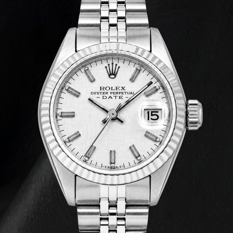 Montre Rolex Date 6916 26 mm Cadran Lin Argenté Bracelet Jubilé en Acier Inoxydable