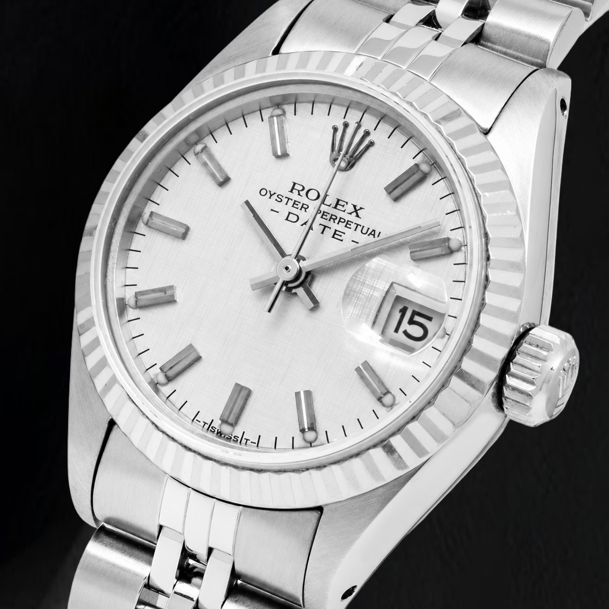 Montre Rolex Date 6916 26 mm Cadran Lin Argenté Bracelet Jubilé en Acier Inoxydable