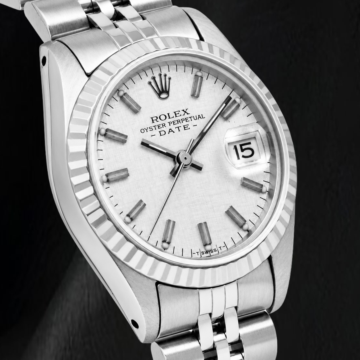 Montre Rolex Date 6916 26 mm Cadran Lin Argenté Bracelet Jubilé en Acier Inoxydable