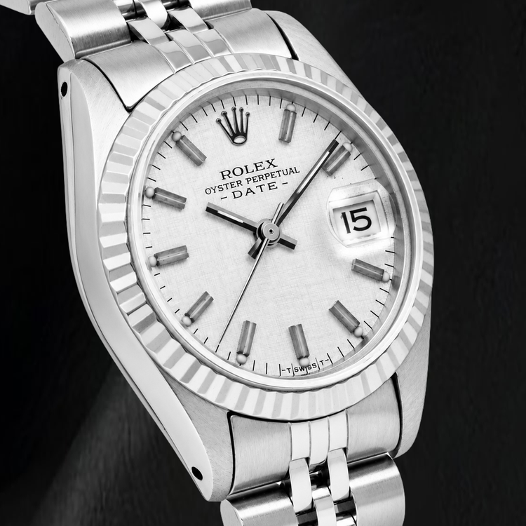 Montre Rolex Date 6916 26 mm Cadran Lin Argenté Bracelet Jubilé en Acier Inoxydable