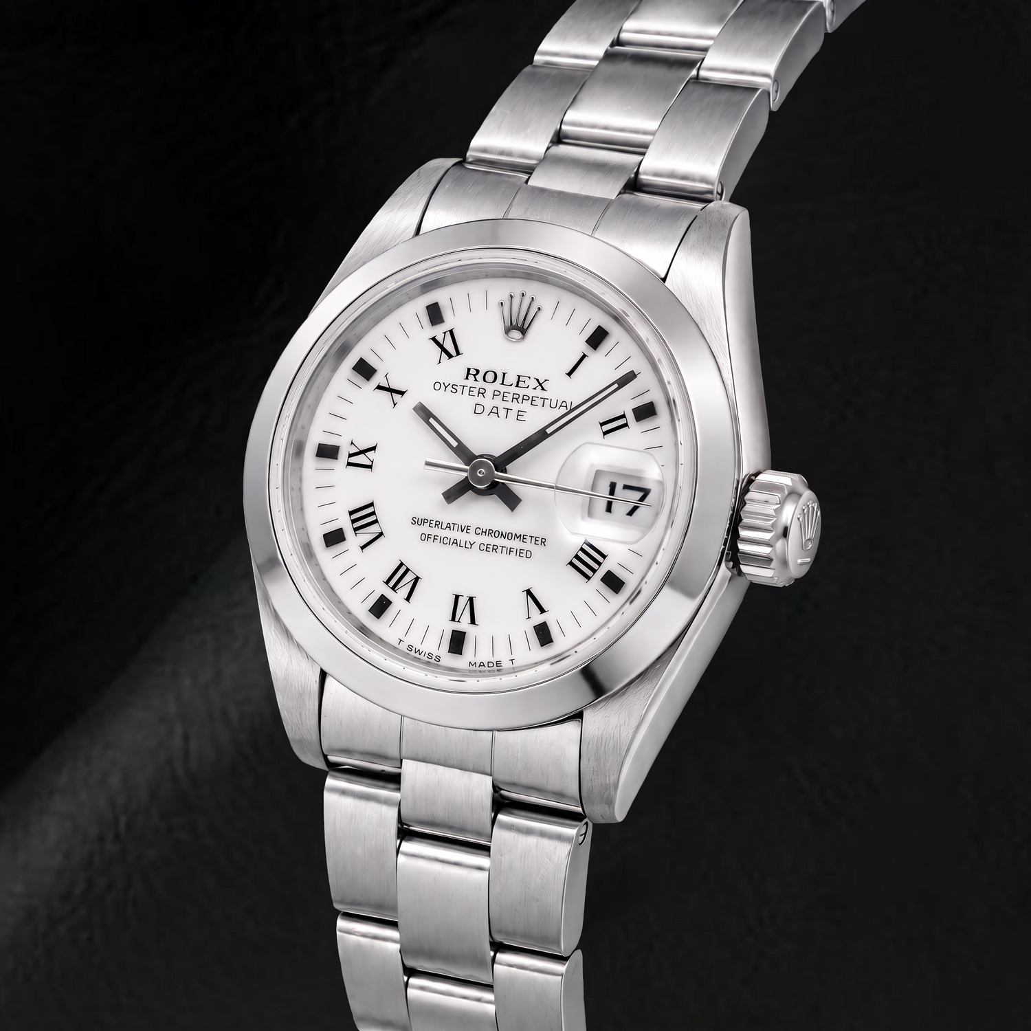 Montre Rolex Date 69160 26 mm Cadran Blanc à Chiffres Romains Acier Inoxydable