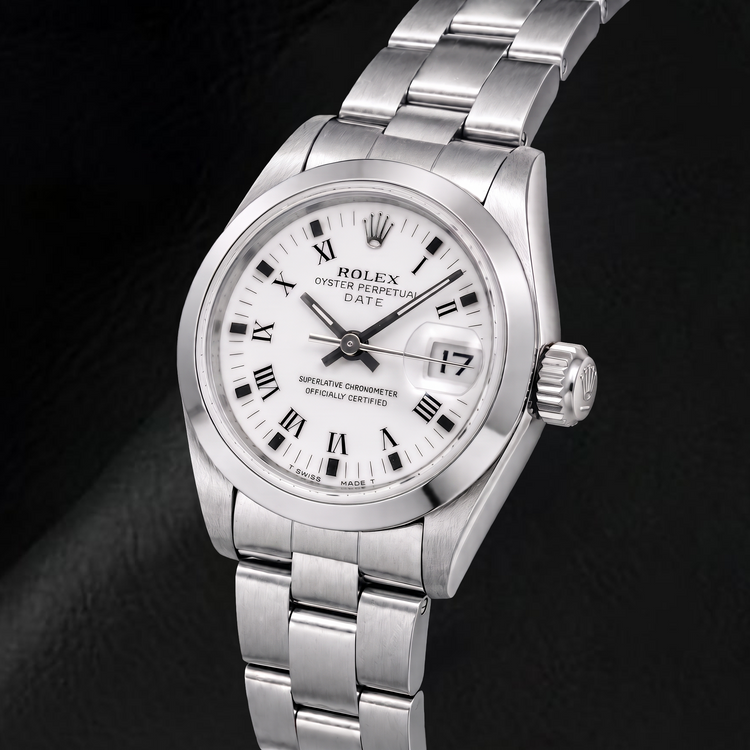Montre Rolex Date 69160 26 mm Cadran Blanc à Chiffres Romains Acier Inoxydable