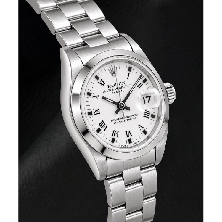 Montre Rolex Date 69160 26 mm Cadran Blanc à Chiffres Romains Acier Inoxydable