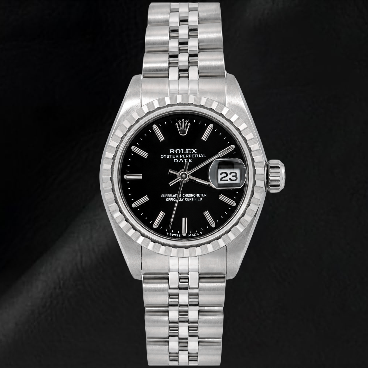 Montre Rolex Date 6924 26 mm Cadran Noir à Index Bâtons Bracelet Jubilé en Acier Inoxydable