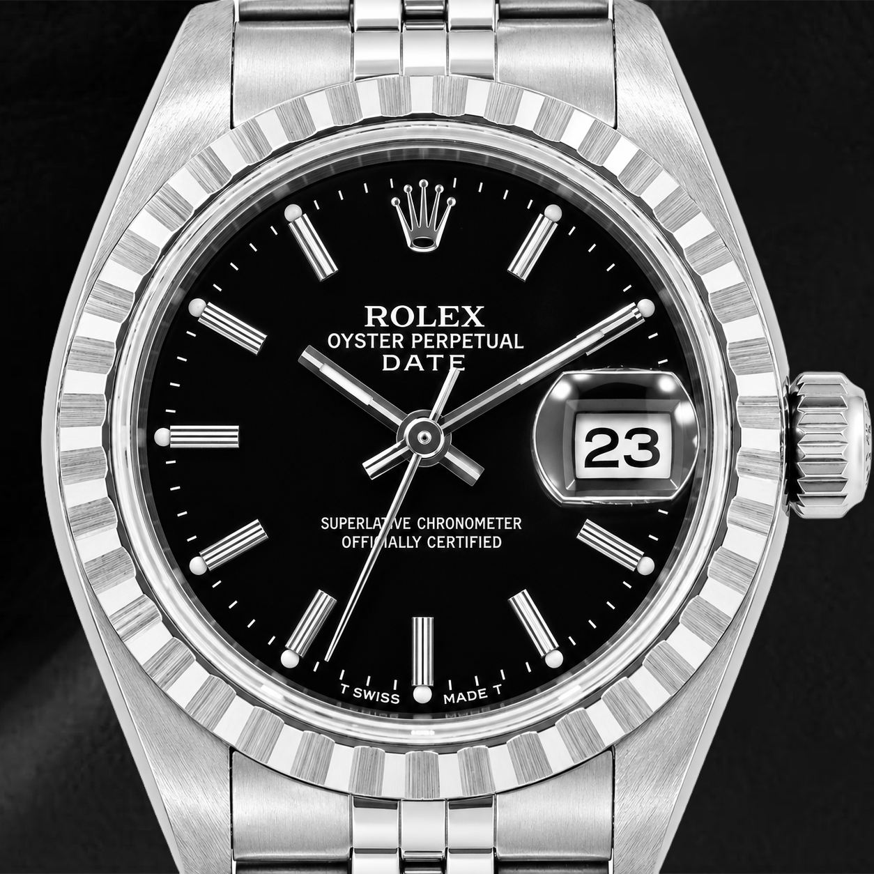 Montre Rolex Date 6924 26 mm Cadran Noir à Index Bâtons Bracelet Jubilé en Acier Inoxydable