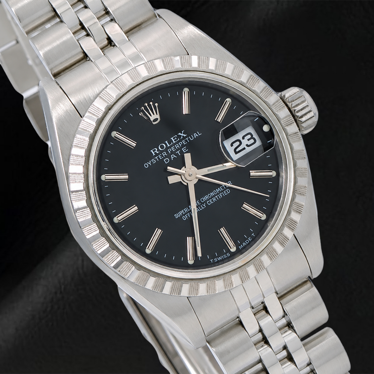Montre Rolex Date 6924 26 mm Cadran Noir à Index Bâtons Bracelet Jubilé en Acier Inoxydable