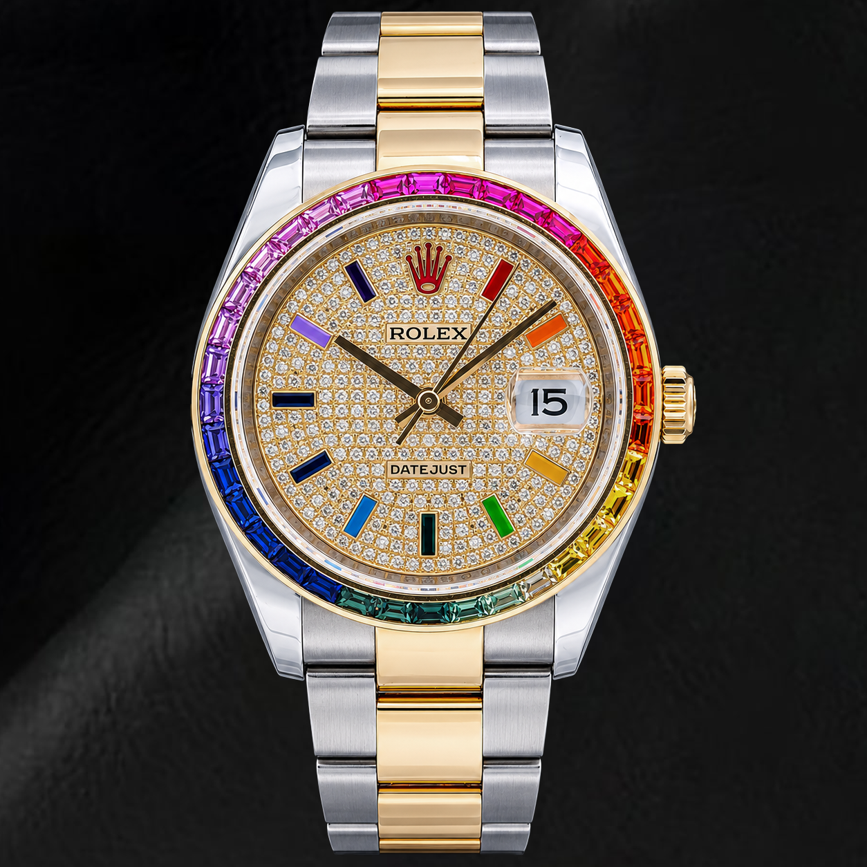 Montre Rolex Datejust 116203 36 mm Bicolore Cadran Pavé de Diamants Arc-en-Ciel Chiffres Arabes Orientaux