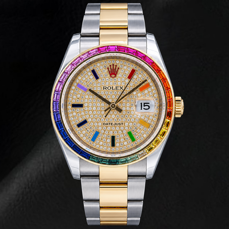 Montre Rolex Datejust 116203 36 mm Bicolore Cadran Pavé de Diamants Arc-en-Ciel Chiffres Arabes Orientaux