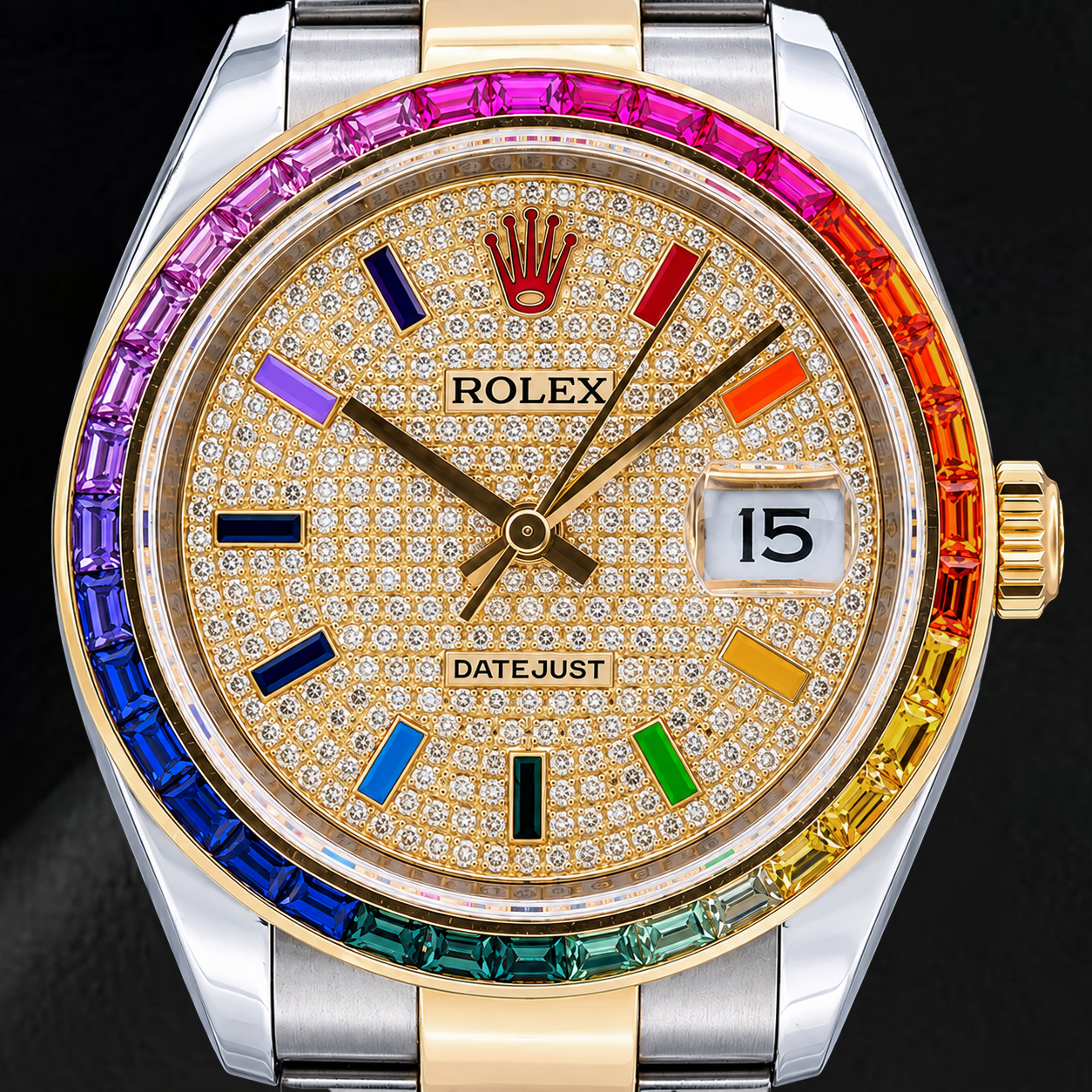 Montre Rolex Datejust 116203 36 mm Bicolore Cadran Pavé de Diamants Arc-en-Ciel Chiffres Arabes Orientaux