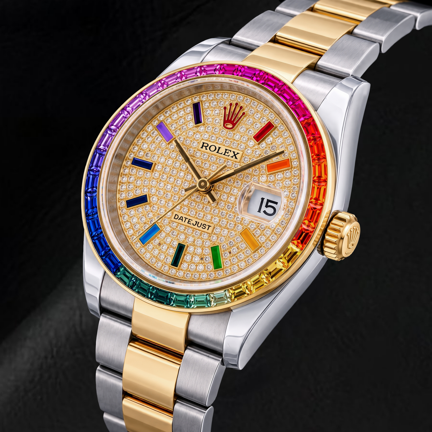Montre Rolex Datejust 116203 36 mm Bicolore Cadran Pavé de Diamants Arc-en-Ciel Chiffres Arabes Orientaux