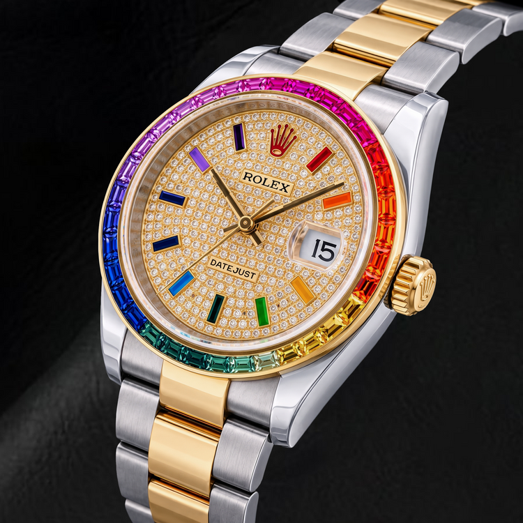 Montre Rolex Datejust 116203 36 mm Bicolore Cadran Pavé de Diamants Arc-en-Ciel Chiffres Arabes Orientaux