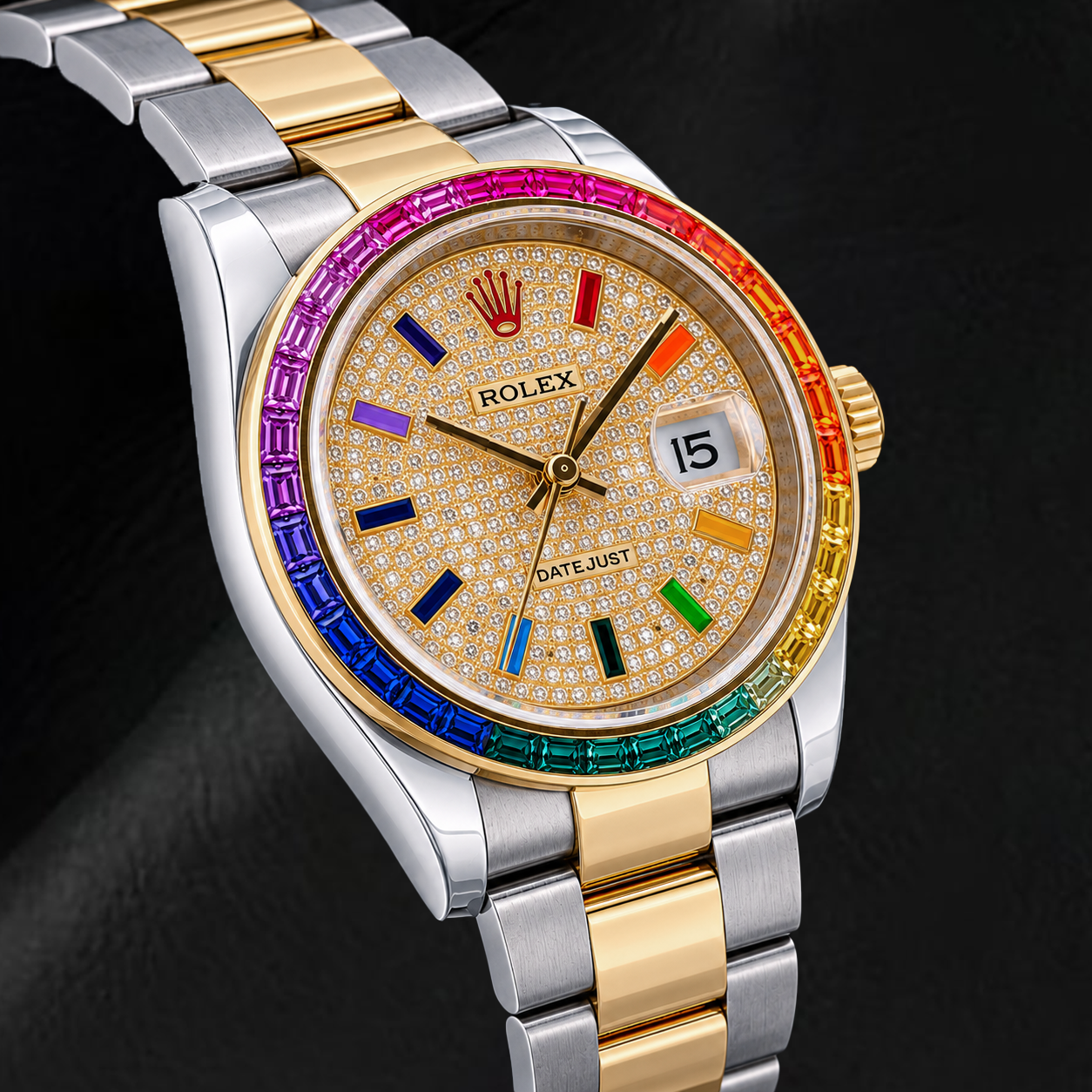 Montre Rolex Datejust 116203 36 mm Bicolore Cadran Pavé de Diamants Arc-en-Ciel Chiffres Arabes Orientaux