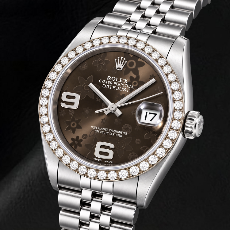 Montre Rolex Datejust 116234 36 mm en Acier Inoxydable, Cadran Floral Brun à Chiffres Arabes