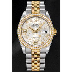 Montre Rolex Datejust 116243 36 mm Bicolore Cadran Floral Argenté Chiffres Arabes