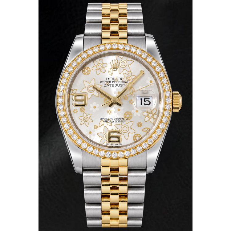 Montre Rolex Datejust 116243 36 mm Bicolore Cadran Floral Argenté Chiffres Arabes