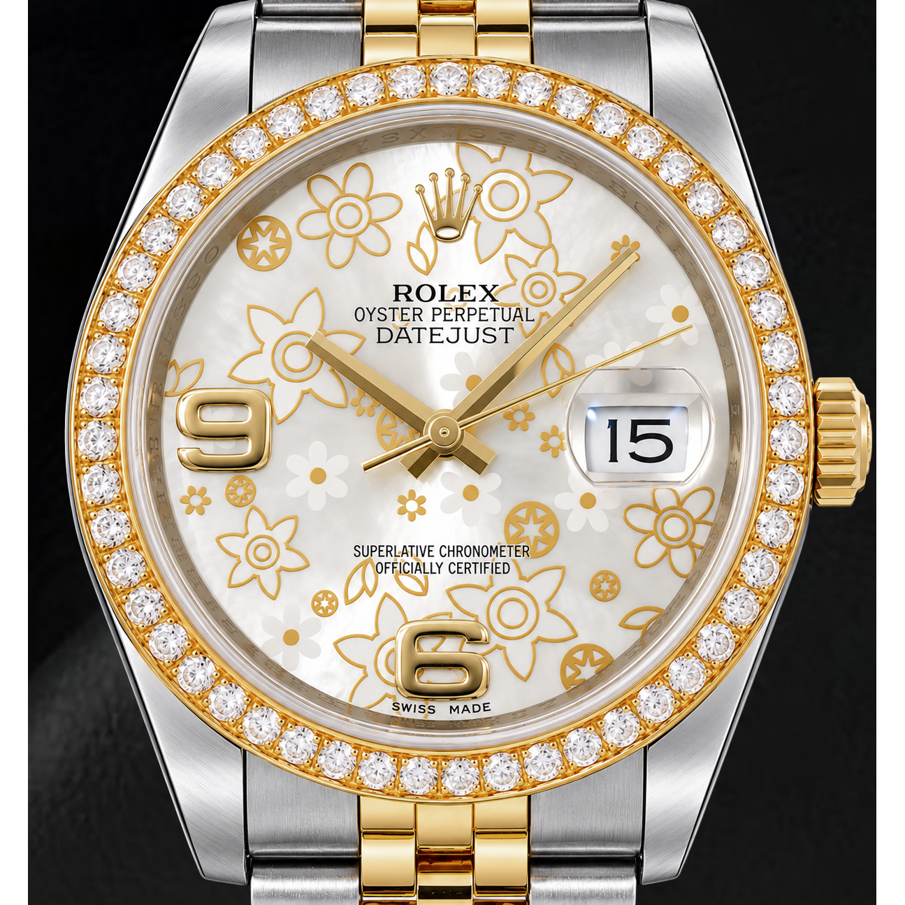 Montre Rolex Datejust 116243 36 mm Bicolore Cadran Floral Argenté Chiffres Arabes