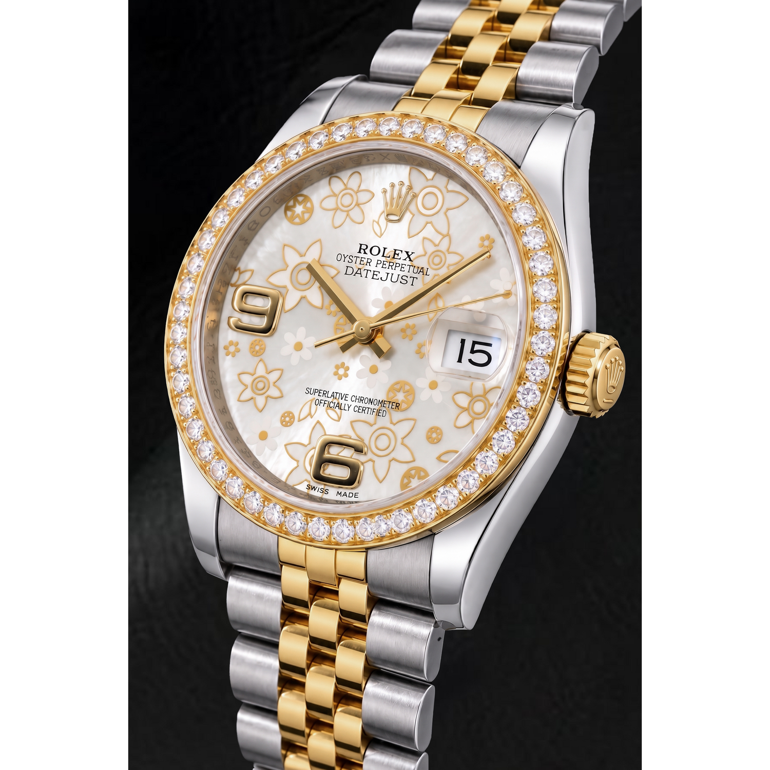 Montre Rolex Datejust 116243 36 mm Bicolore Cadran Floral Argenté Chiffres Arabes