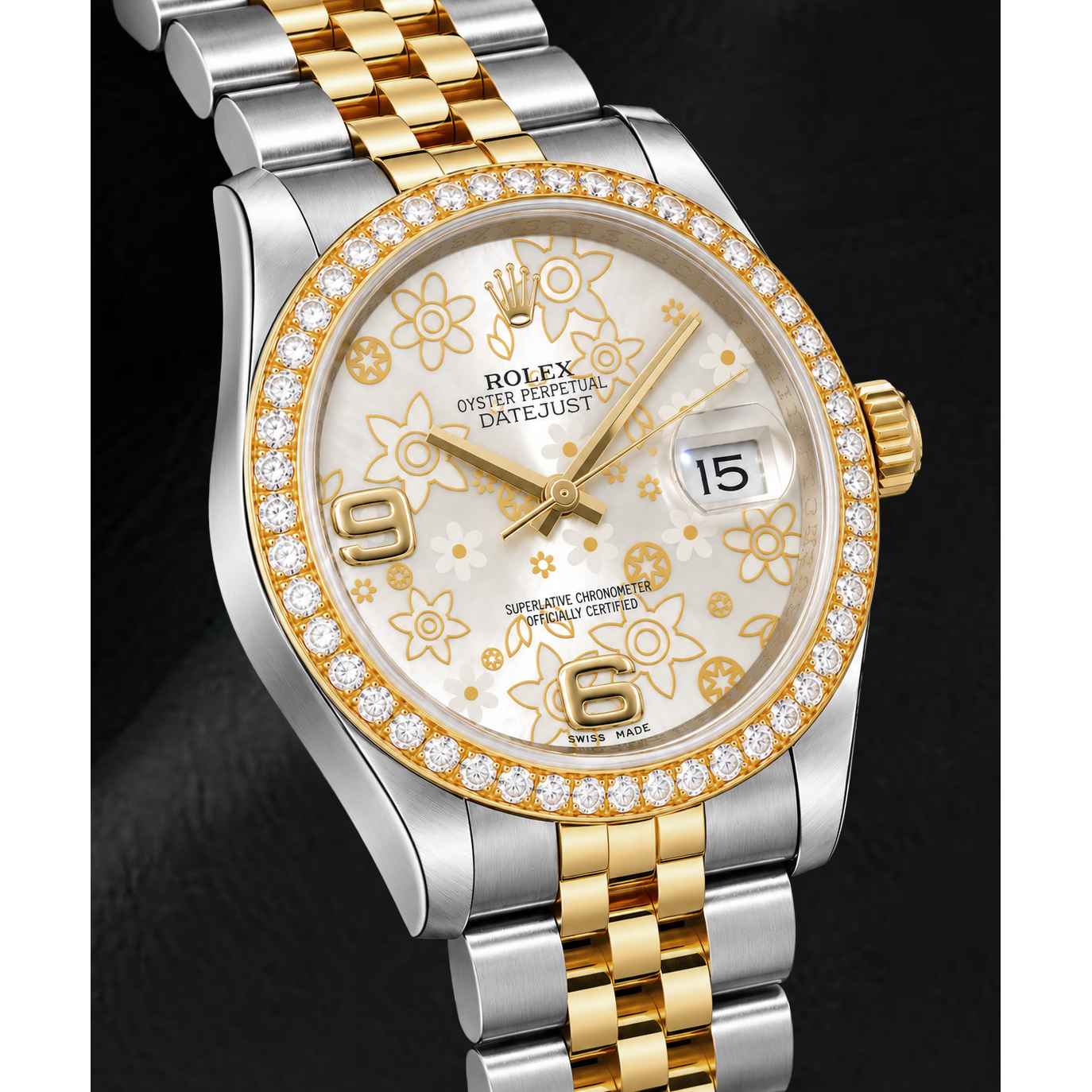 Montre Rolex Datejust 116243 36 mm Bicolore Cadran Floral Argenté Chiffres Arabes
