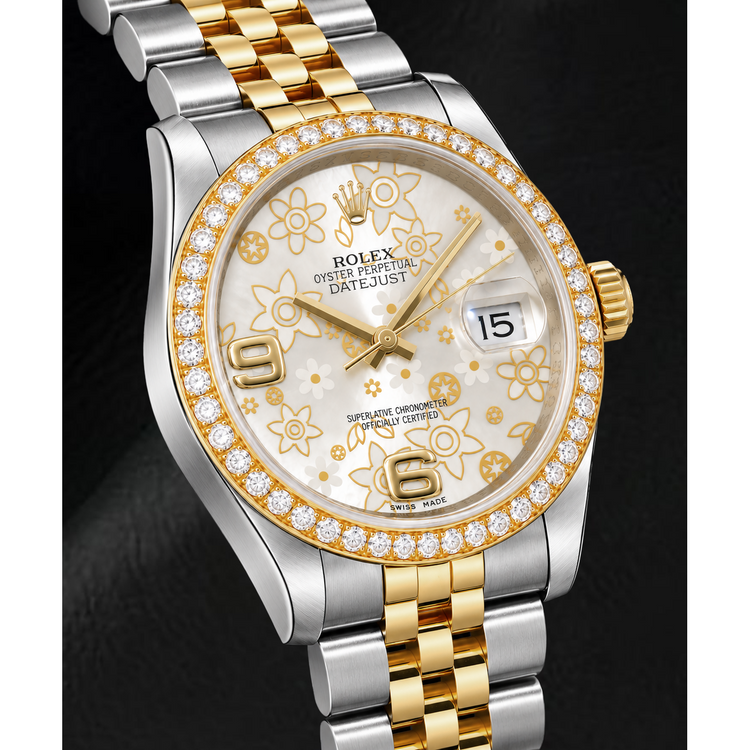 Montre Rolex Datejust 116243 36 mm Bicolore Cadran Floral Argenté Chiffres Arabes