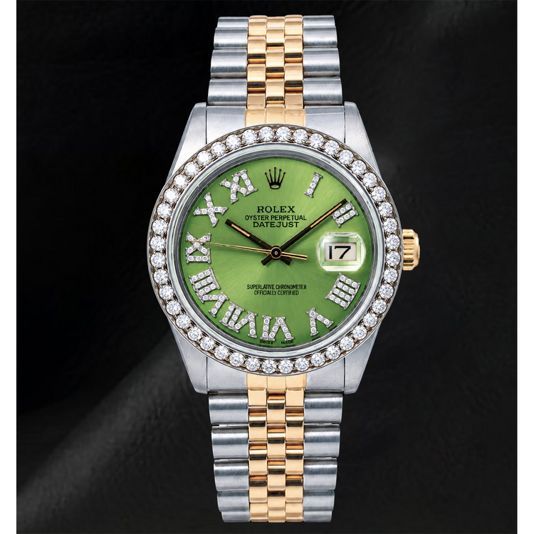Montre Rolex Datejust 1601 36 mm Bicolore Cadran Diamants Vert à Chiffres Romains