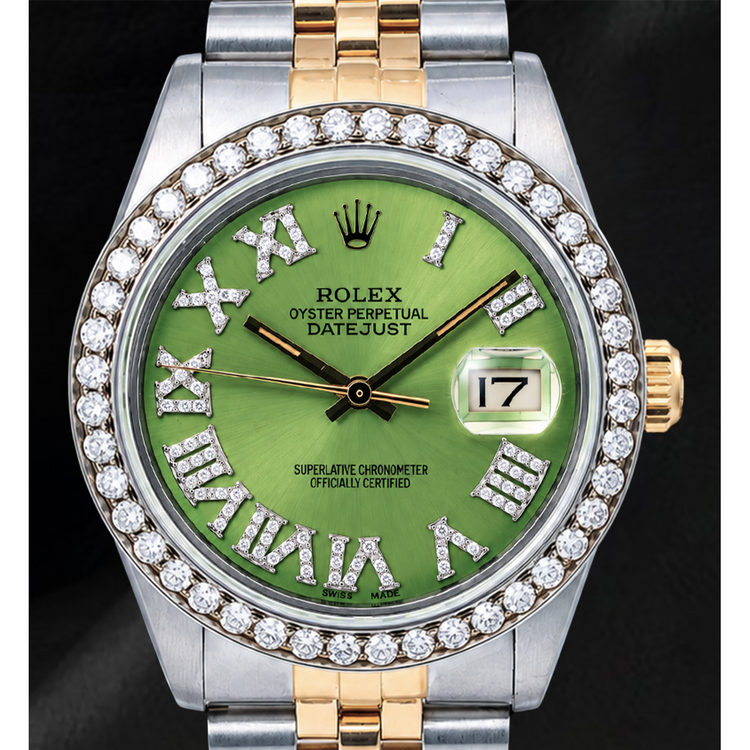 Montre Rolex Datejust 1601 36 mm Bicolore Cadran Diamants Vert à Chiffres Romains