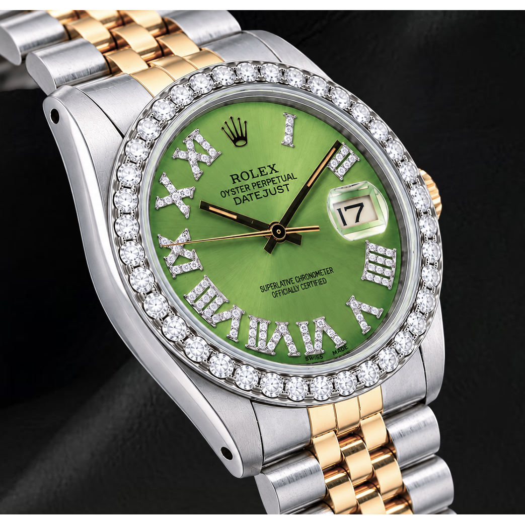 Montre Rolex Datejust 1601 36 mm Bicolore Cadran Diamants Vert à Chiffres Romains