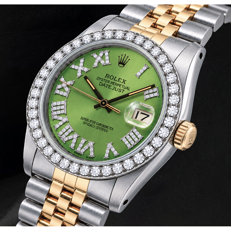 Montre Rolex Datejust 1601 36 mm Bicolore Cadran Diamants Vert à Chiffres Romains