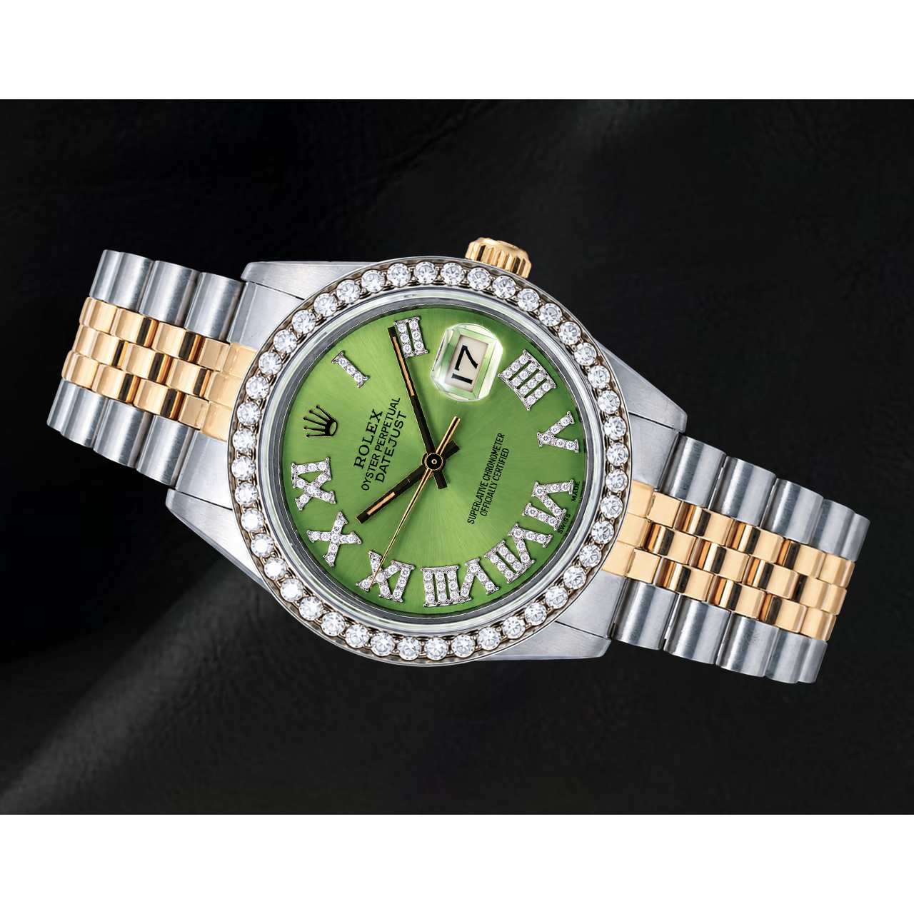 Montre Rolex Datejust 1601 36 mm Bicolore Cadran Diamants Vert à Chiffres Romains