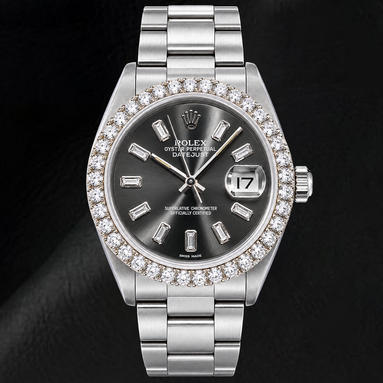 Montre Rolex Datejust 16014 36 mm Acier Inoxydable Cadran Gris Diamants Baguette