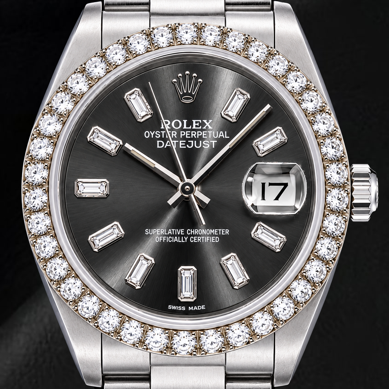 Montre Rolex Datejust 16014 36 mm Acier Inoxydable Cadran Gris Diamants Baguette