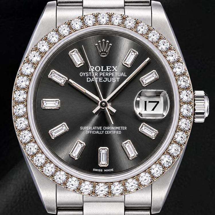 Montre Rolex Datejust 16014 36 mm Acier Inoxydable Cadran Gris Diamants Baguette