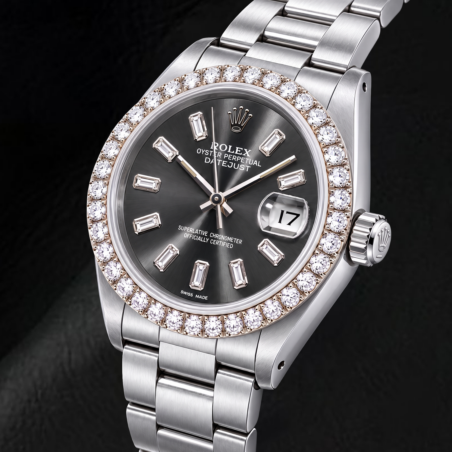 Montre Rolex Datejust 16014 36 mm Acier Inoxydable Cadran Gris Diamants Baguette